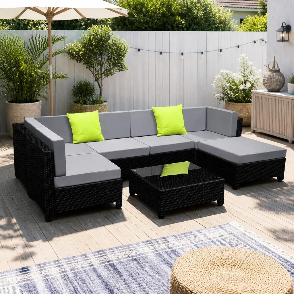 7 Piece Outdoor Wicker Sofa Lounge Set Grey Black with Coffee Table and Cushions