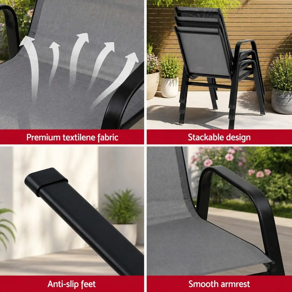 Stackable Outdoor Dining Chairs Grey Patio Lounge Furniture Set Metal Frame
