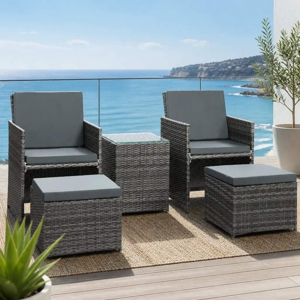 5-Piece Wicker Outdoor Bistro Set with Chairs Ottoman and Glass Table