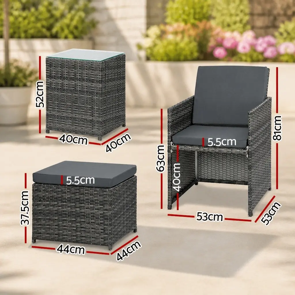 5-Piece Wicker Outdoor Bistro Set with Chairs Ottoman and Glass Table