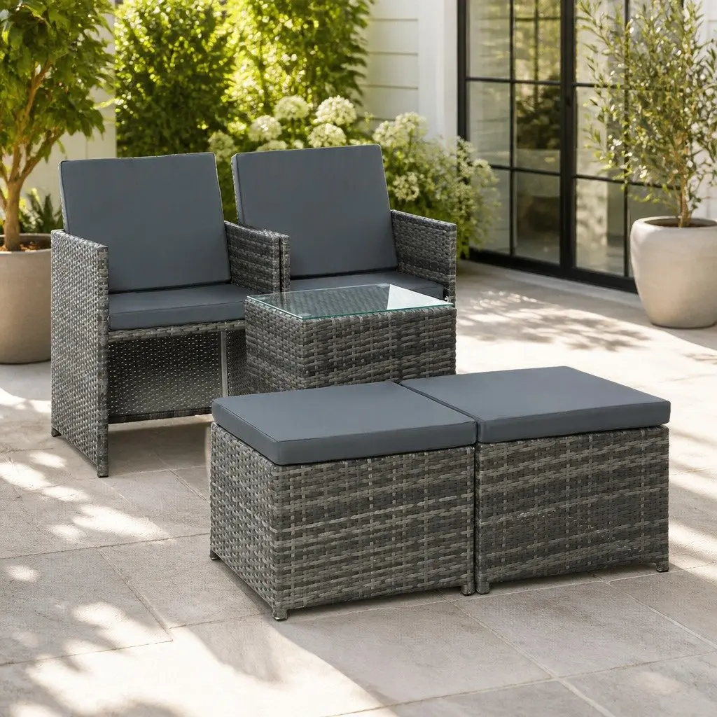 5-Piece Wicker Outdoor Bistro Set with Chairs Ottoman and Glass Table