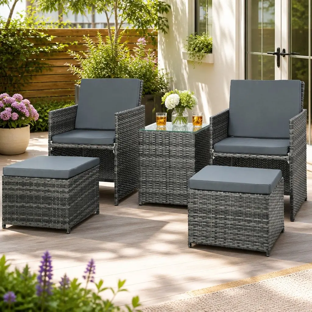 5-Piece Wicker Outdoor Bistro Set with Chairs Ottoman and Glass Table