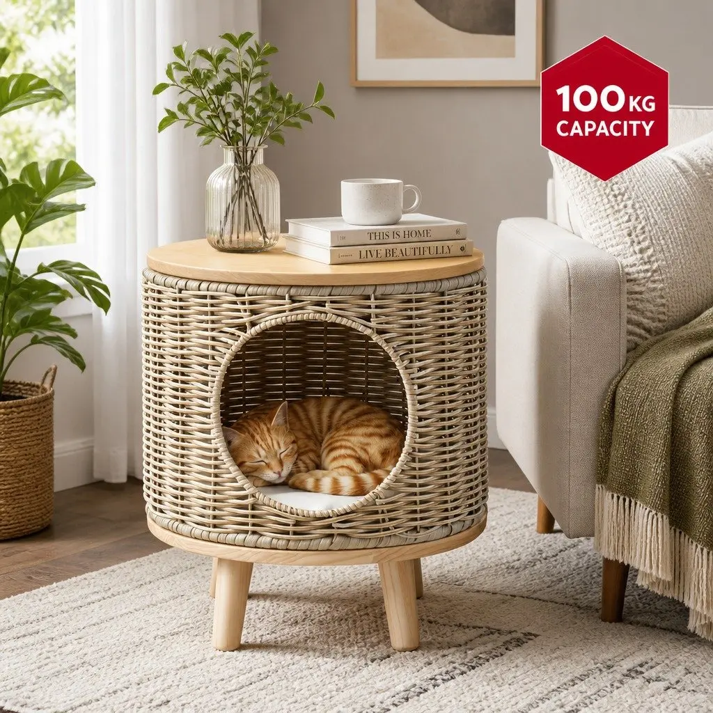 Wicker Side Table and Pet Bed Combo