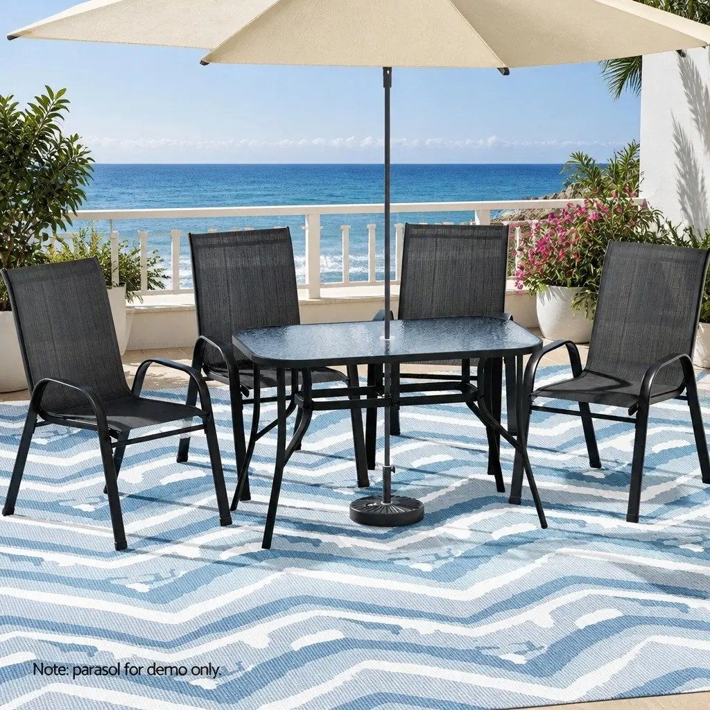 Outdoor Dining Set Black Steel Frame Glass Table 5 Piece Stackable Chairs