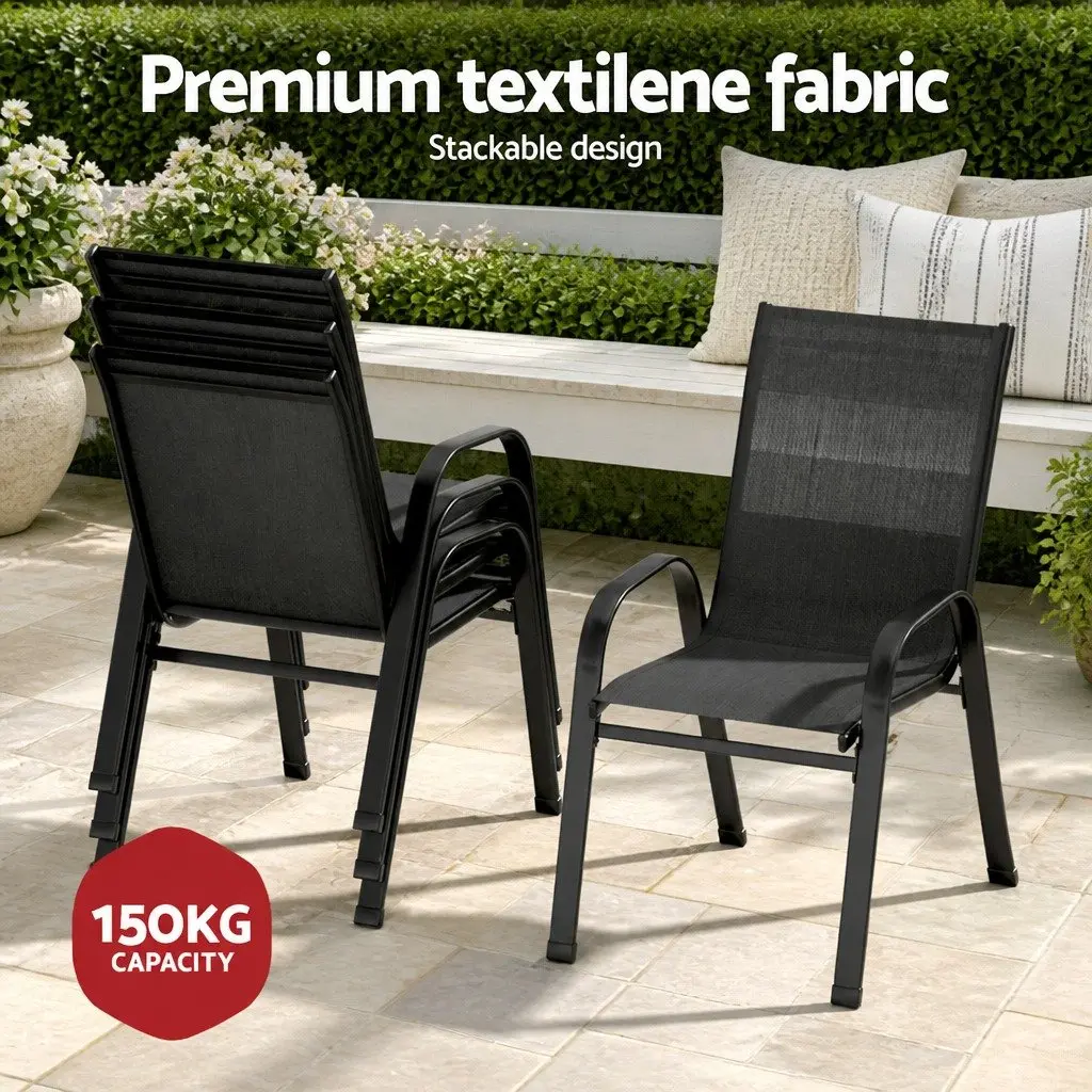 Outdoor Dining Set Black Steel Frame Glass Table 5 Piece Stackable Chairs