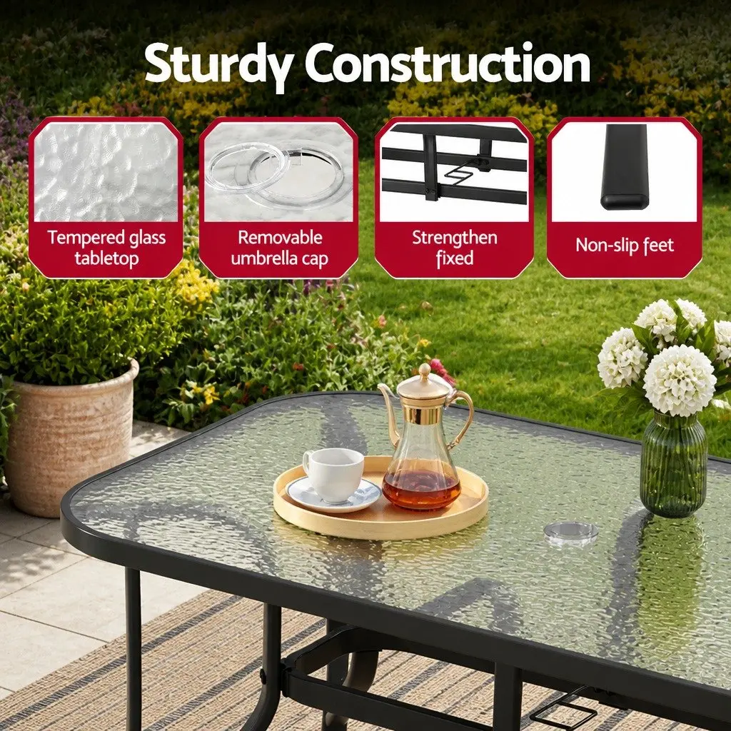 Outdoor Dining Set Black Steel Frame Glass Table 5 Piece Stackable Chairs