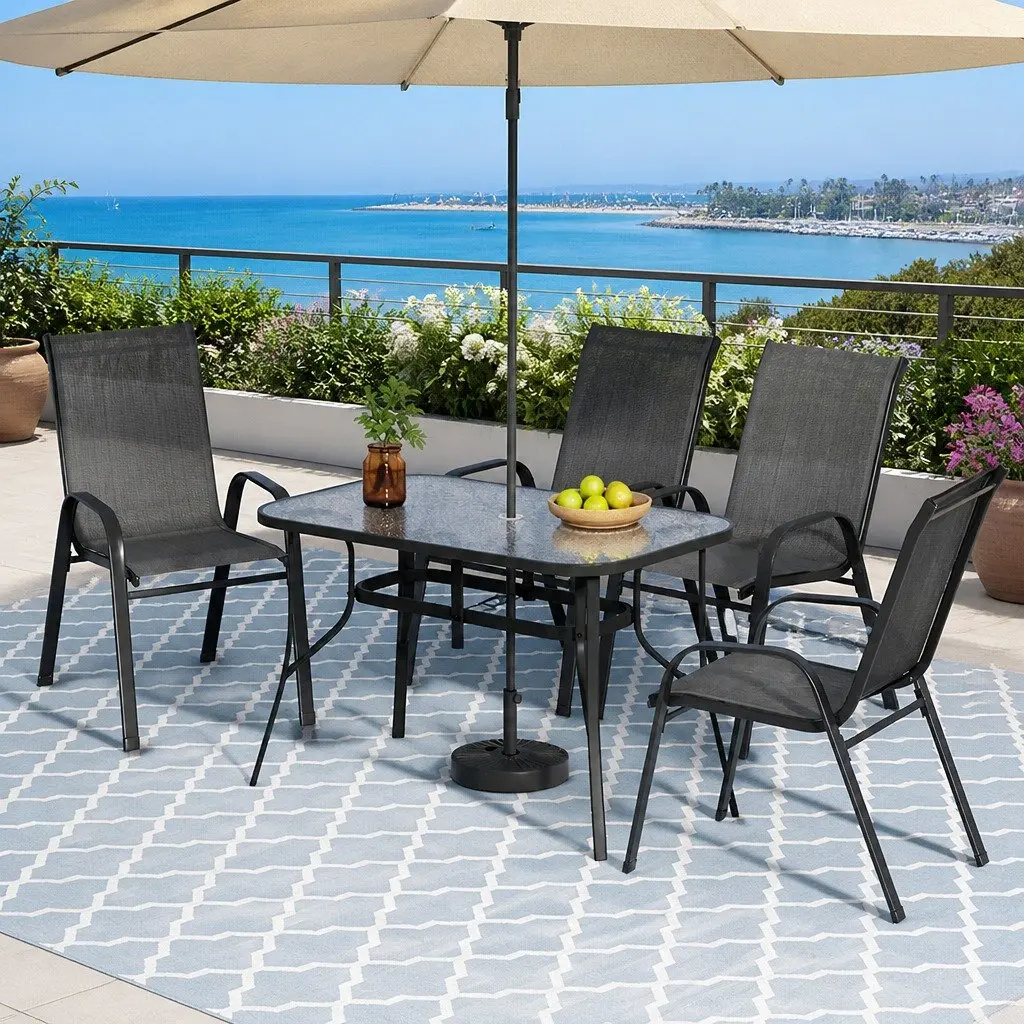 Outdoor Dining Set Black Steel Frame Glass Table 5 Piece Stackable Chairs