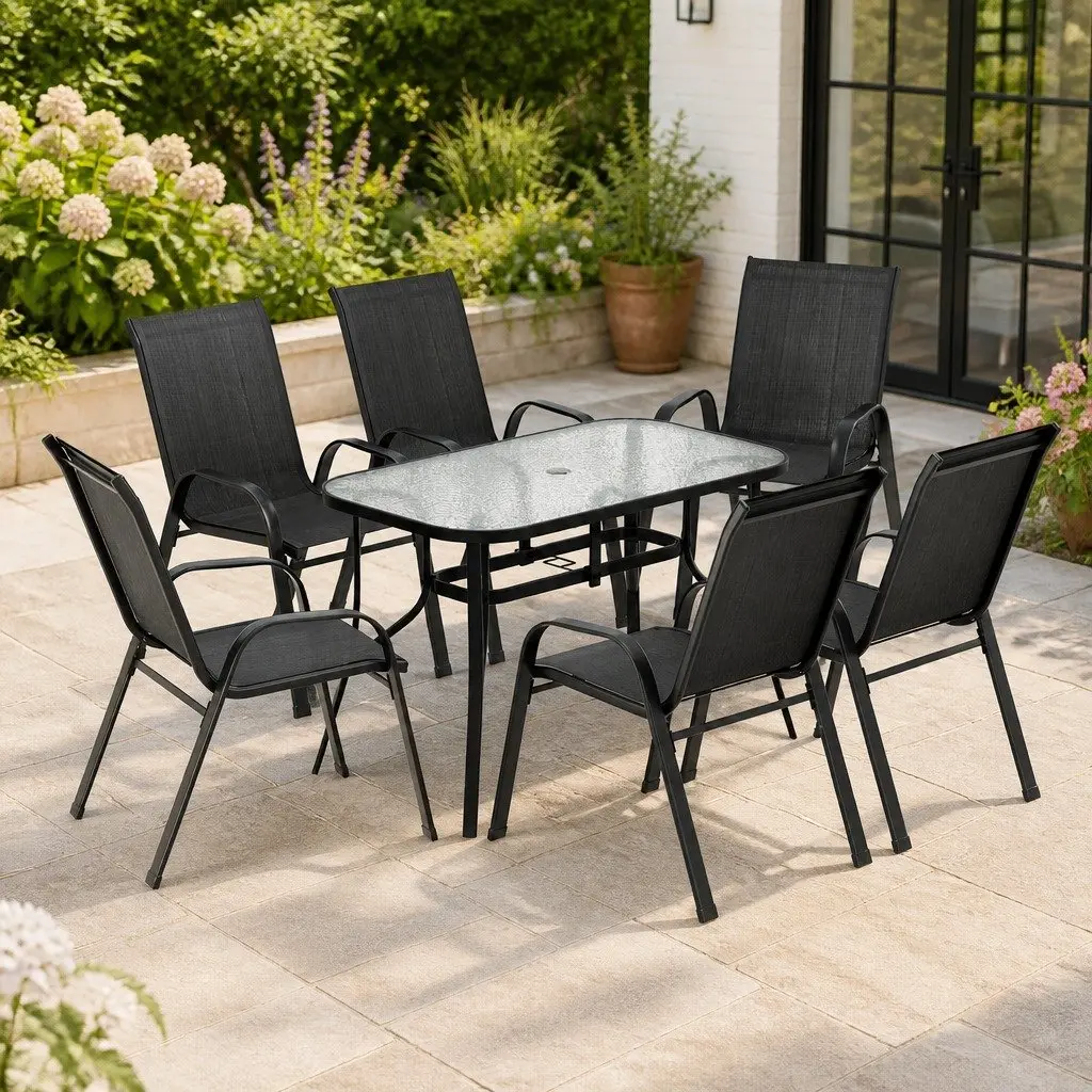 7 Piece Outdoor Dining Set Glass Table Stackable Chairs Patio Furniture Black
