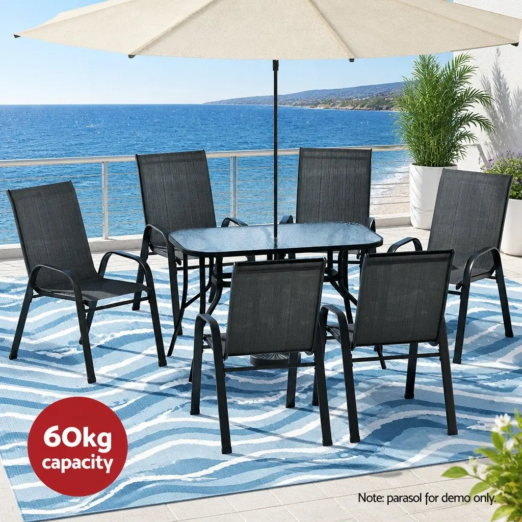 7 Piece Outdoor Dining Set Glass Table Stackable Chairs Patio Furniture Black