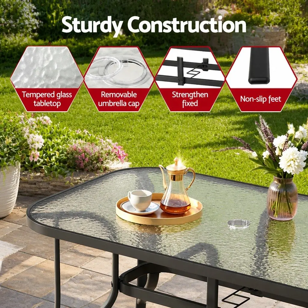 7 Piece Outdoor Dining Set Glass Table Stackable Chairs Patio Furniture Black