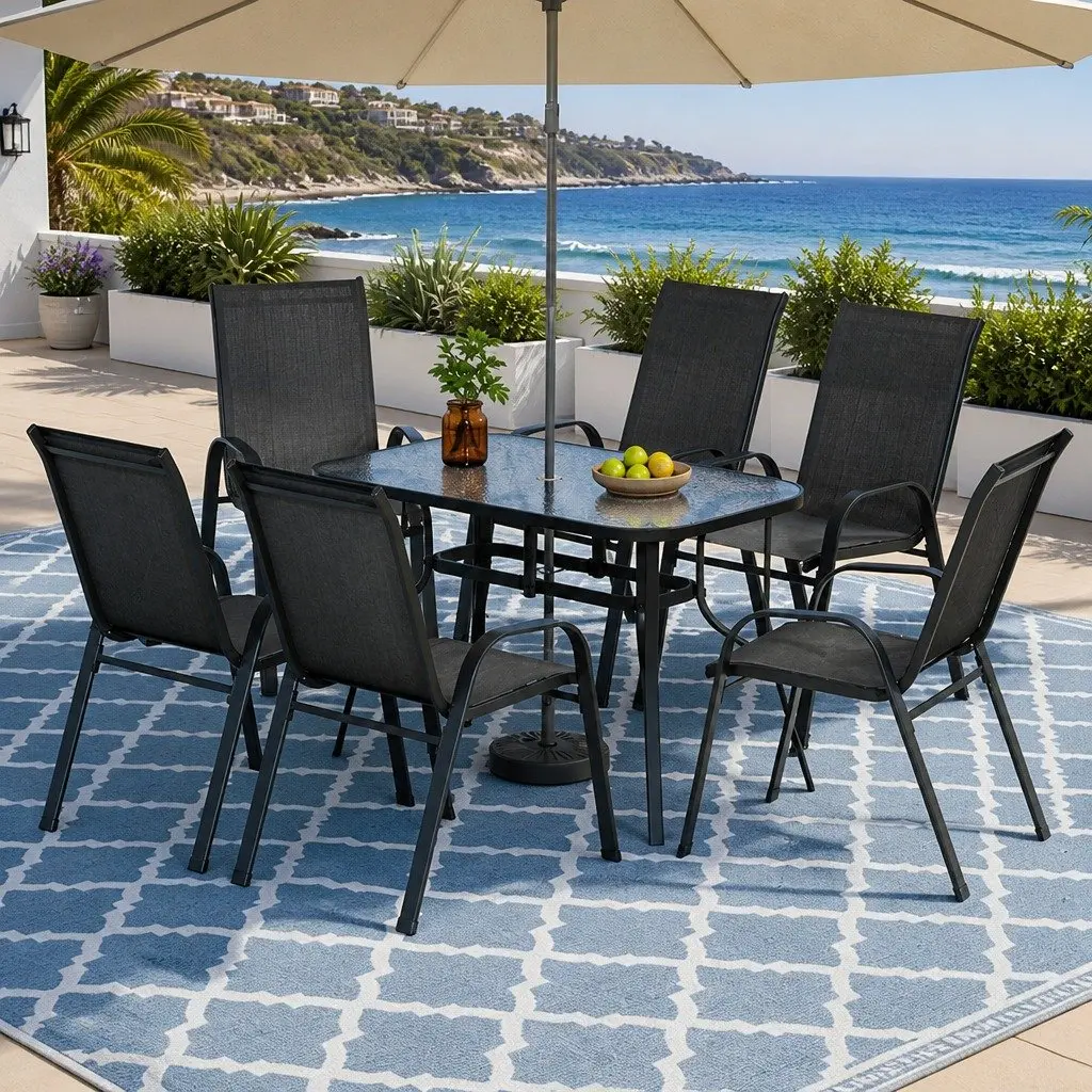 7 Piece Outdoor Dining Set Glass Table Stackable Chairs Patio Furniture Black