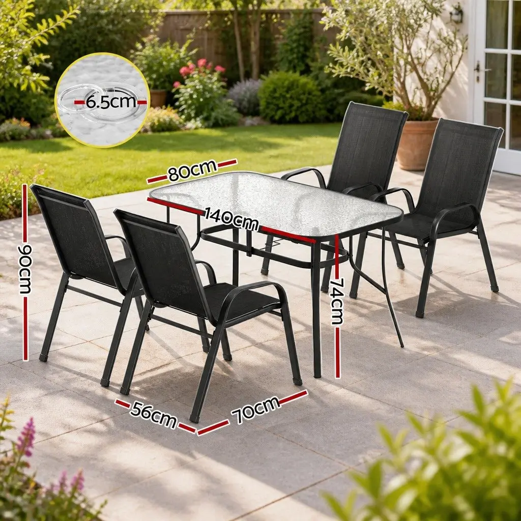 Outdoor Dining Set 5 Piece Black Steel Frame Glass Table and Stackable Chairs
