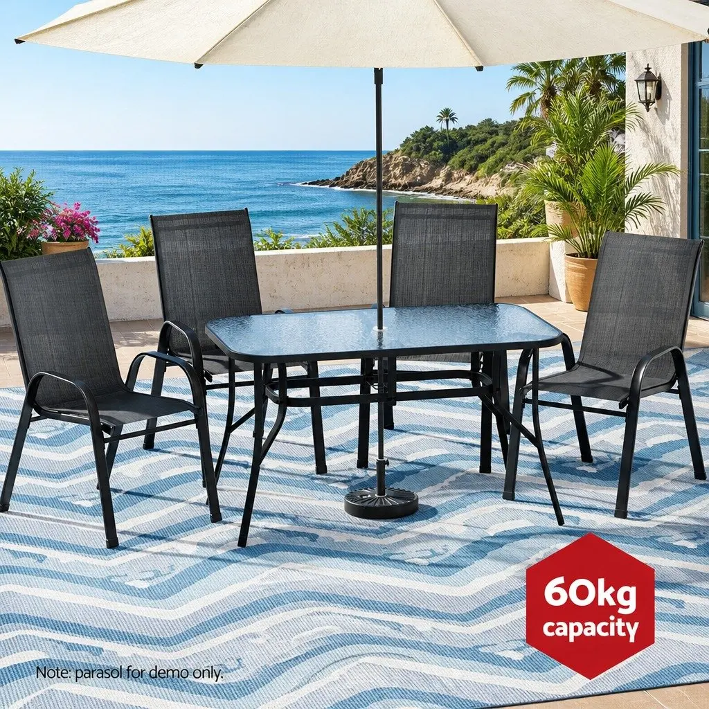 Outdoor Dining Set 5 Piece Black Steel Frame Glass Table and Stackable Chairs