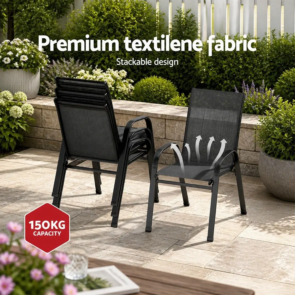 Outdoor Dining Set 5 Piece Black Steel Frame Glass Table and Stackable Chairs