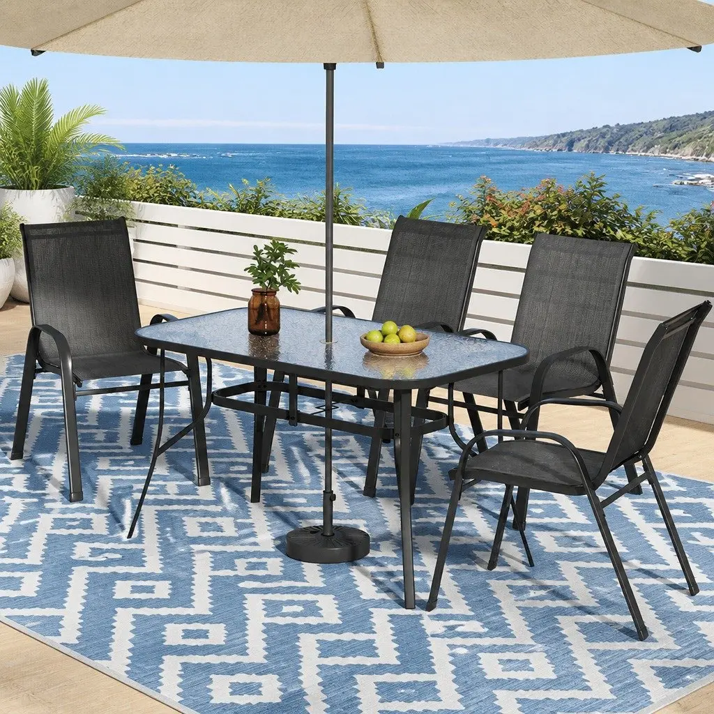 Outdoor Dining Set 5 Piece Black Steel Frame Glass Table and Stackable Chairs