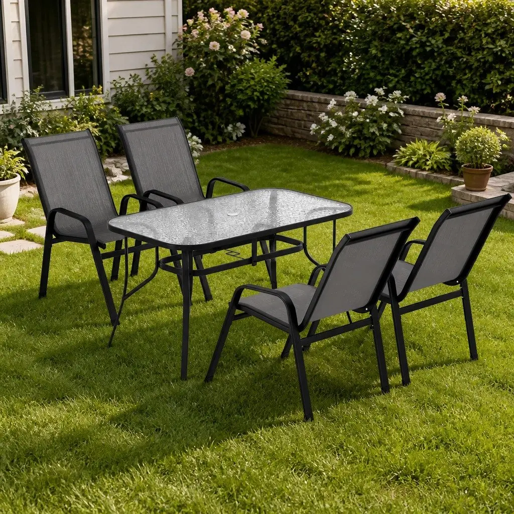 Outdoor Dining Set 5 Piece Patio Table Chairs Garden Furniture Stackable Grey