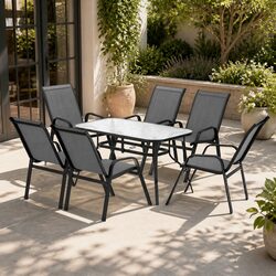 7 Piece Outdoor Dining Set Glass Table Stackable Mesh Chairs Patio Furniture