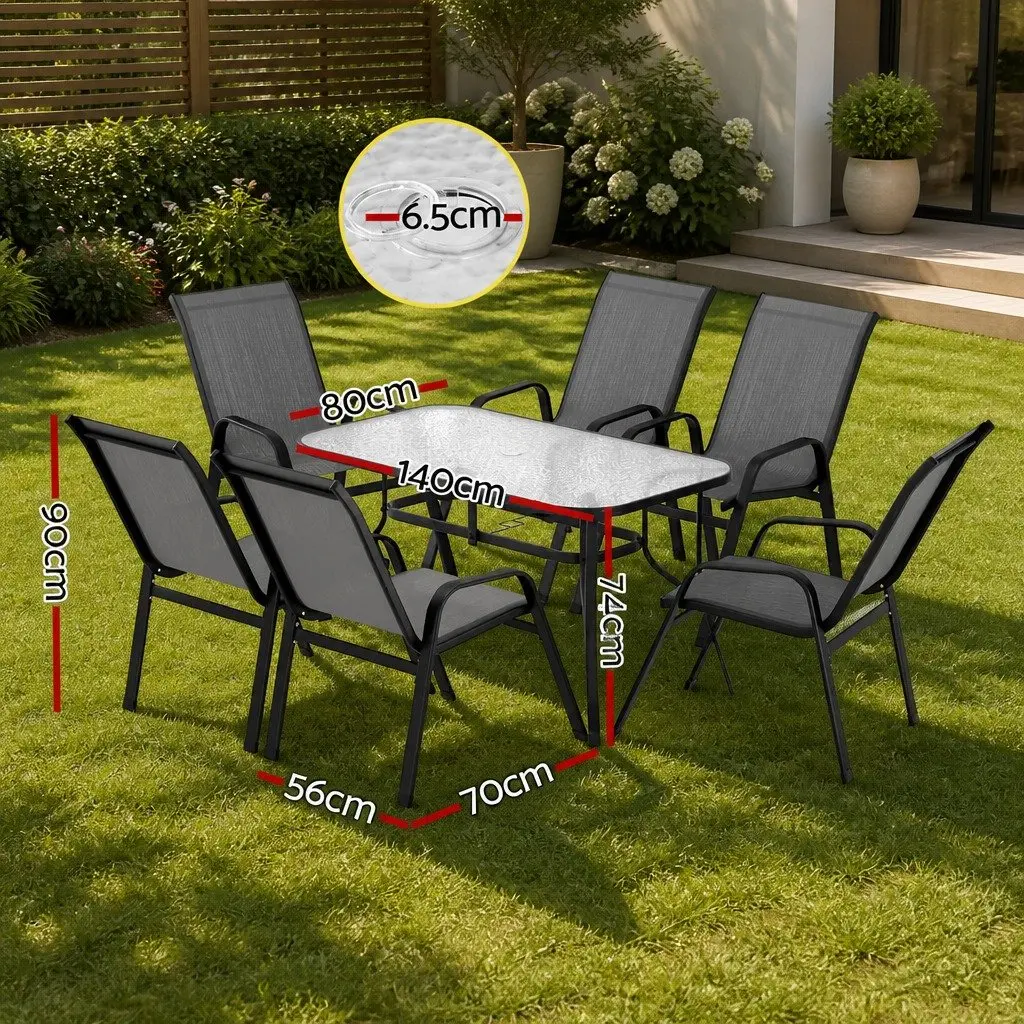 7 Piece Patio Furniture Set Glass Table and Six Stackable Chairs Outdoor Dining in Black and Grey