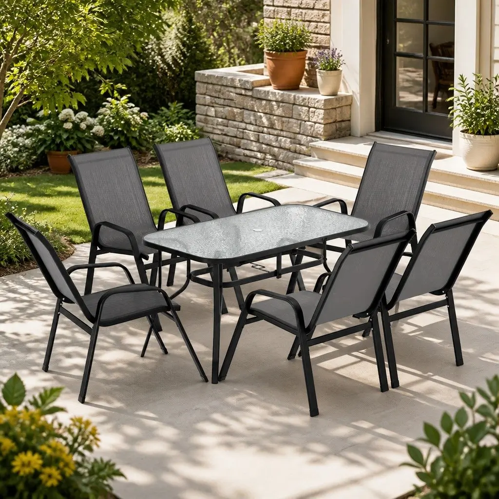 7 Piece Patio Furniture Set Glass Table and Six Stackable Chairs Outdoor Dining in Black and Grey