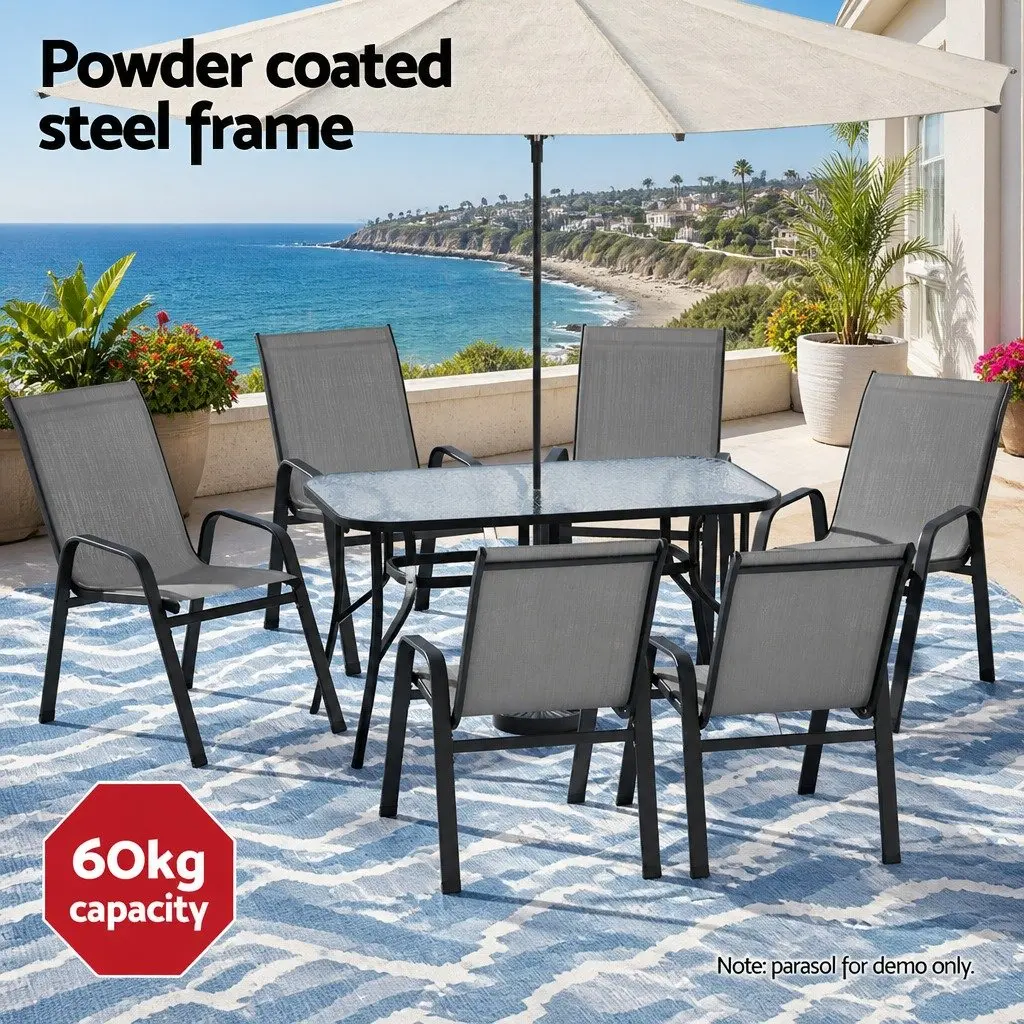 7 Piece Patio Furniture Set Glass Table and Six Stackable Chairs Outdoor Dining in Black and Grey