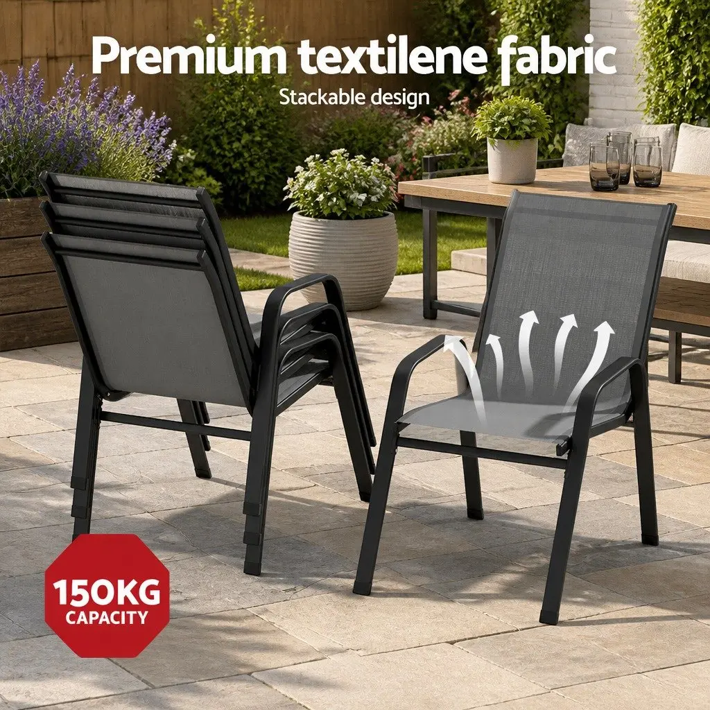 7 Piece Patio Furniture Set Glass Table and Six Stackable Chairs Outdoor Dining in Black and Grey