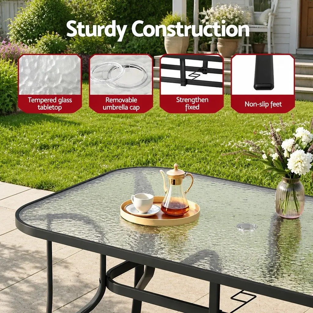 7 Piece Patio Furniture Set Glass Table and Six Stackable Chairs Outdoor Dining in Black and Grey