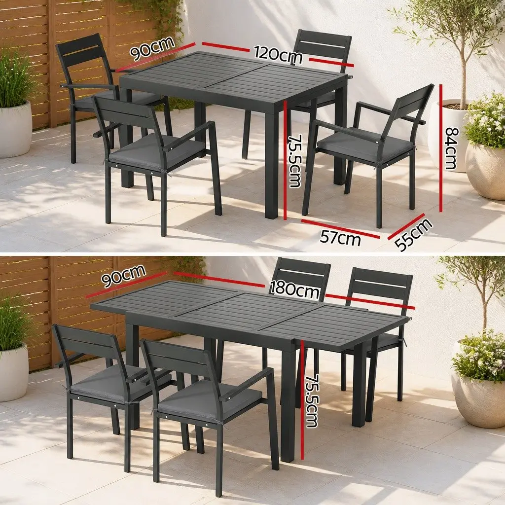 Outdoor Dining Set 5 Piece Extendable Table Aluminium Frame 4-6 Seat Patio Black