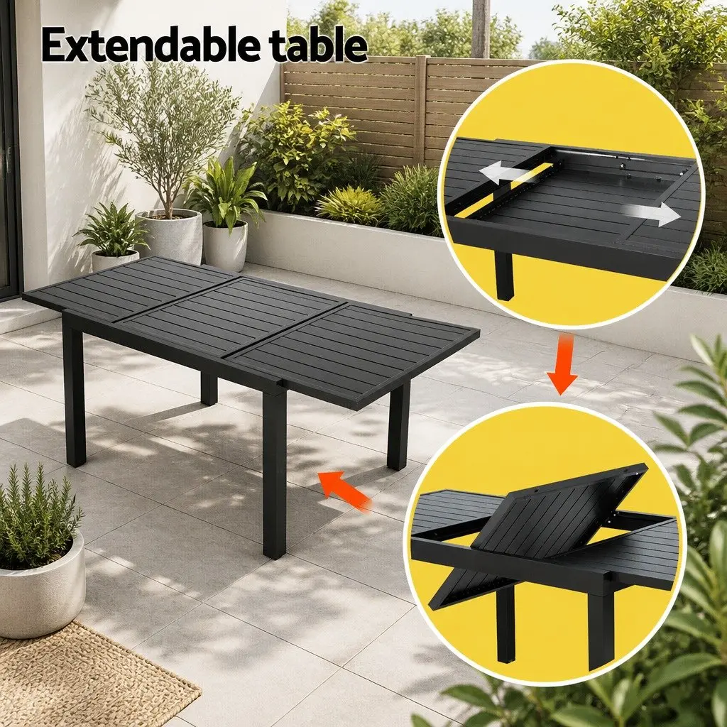 Outdoor Dining Set 5 Piece Extendable Table Aluminium Frame 4-6 Seat Patio Black
