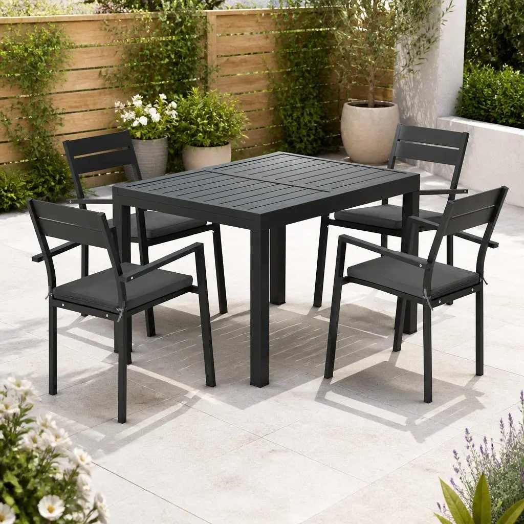 Outdoor Dining Set 5 Piece Extendable Table Aluminium Frame 4-6 Seat Patio Black