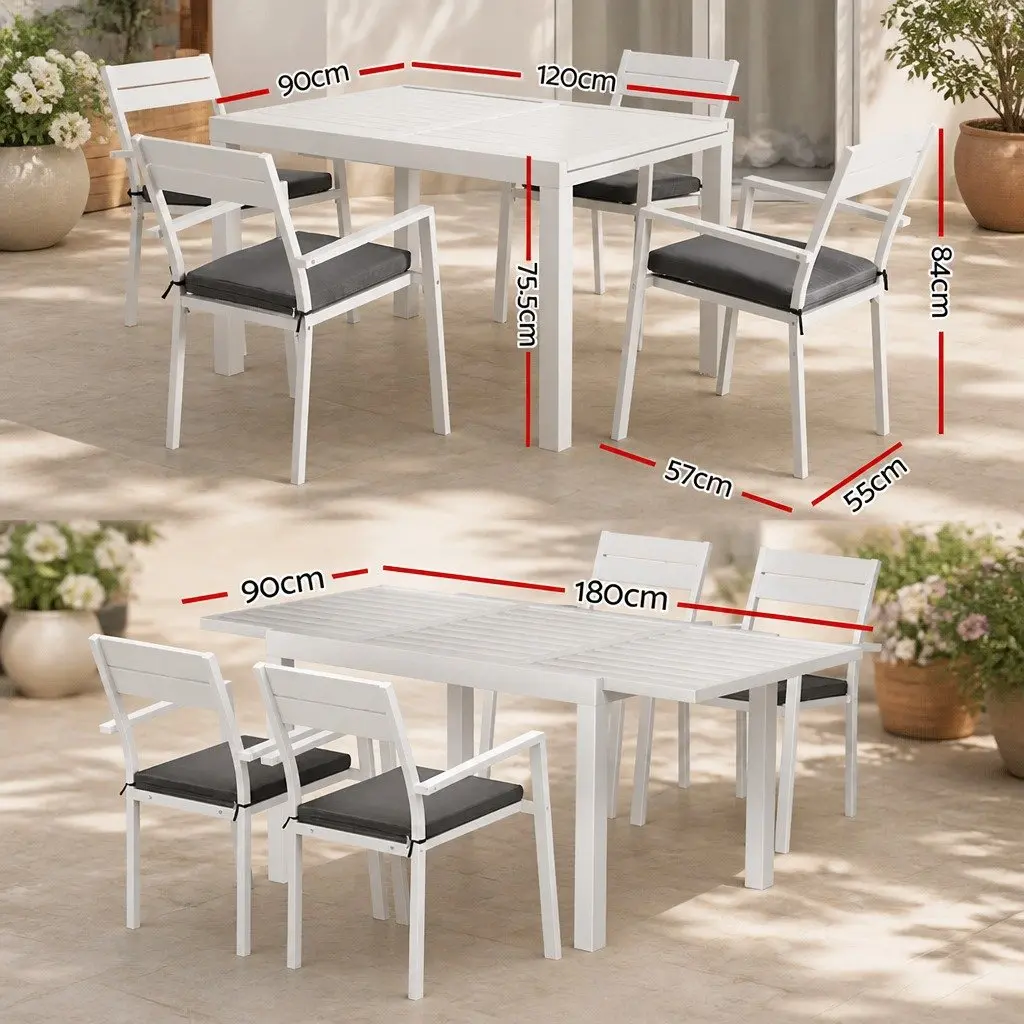 Outdoor Dining Set 5 Piece Extendable Table Chairs Aluminum White Grey Cushions