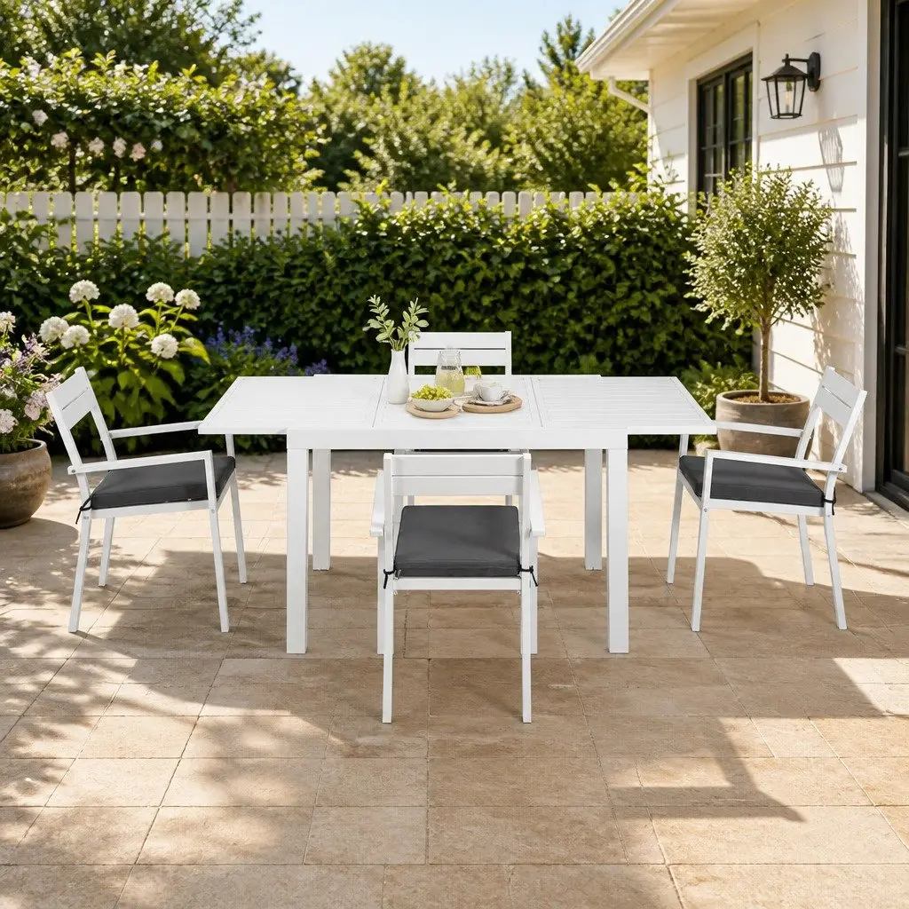 Outdoor Dining Set 5 Piece Extendable Table Chairs Aluminum White Grey Cushions