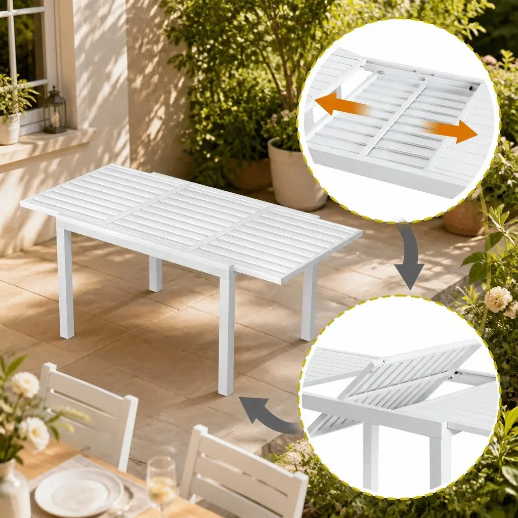 Outdoor Dining Set 5 Piece Extendable Table Chairs Aluminum White Grey Cushions