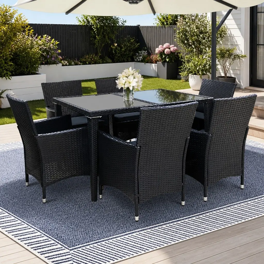 Outdoor Dining Set 7 Piece Wicker Lounge Chair Table Black Garden Furniture