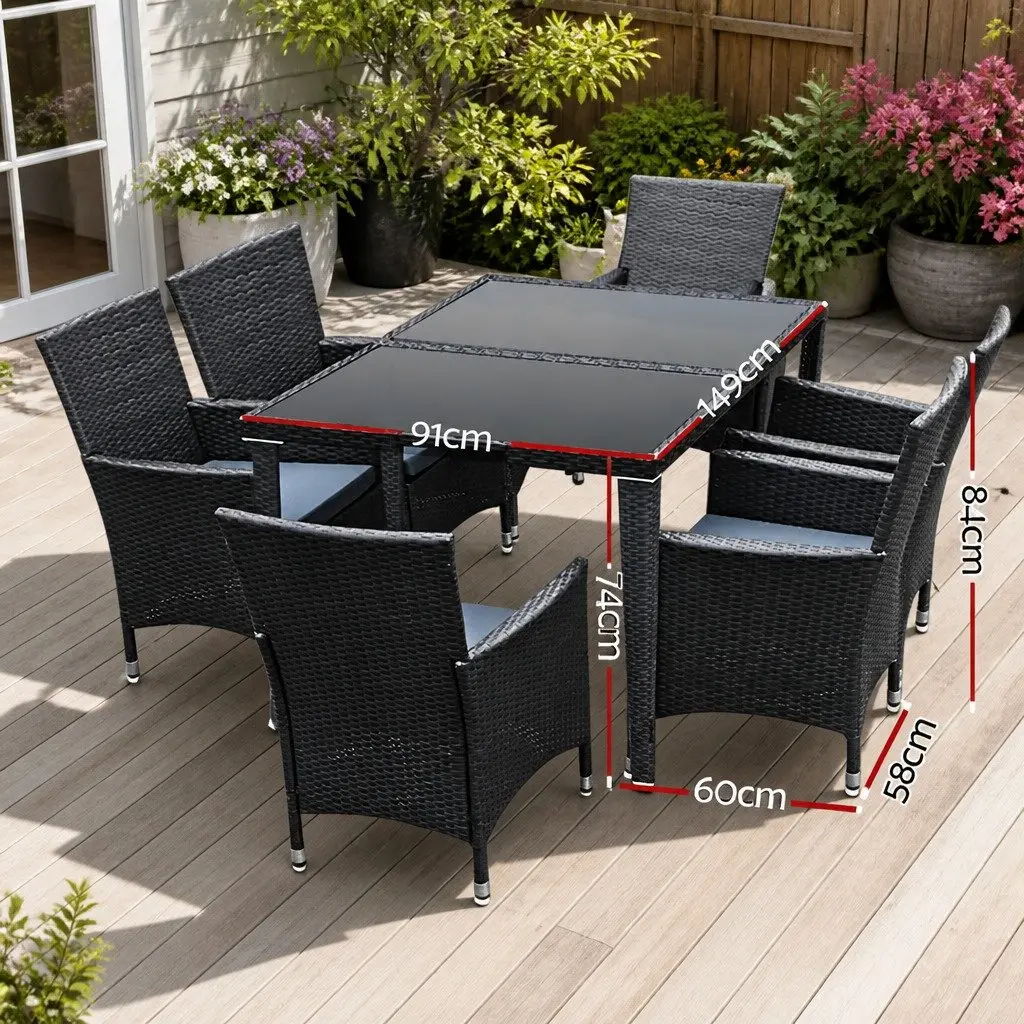 Outdoor Dining Set 7 Piece Wicker Lounge Chair Table Black Garden Furniture