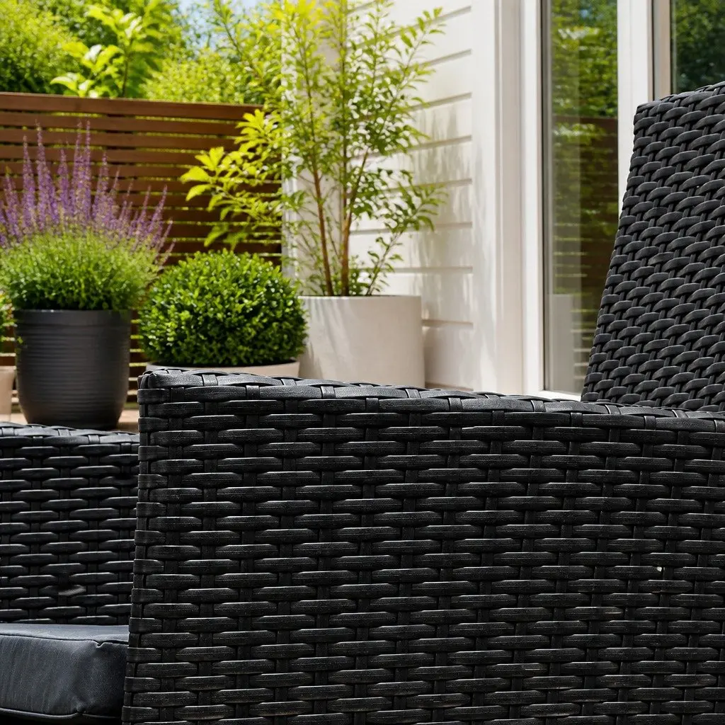 Outdoor Dining Set 7 Piece Wicker Lounge Chair Table Black Garden Furniture
