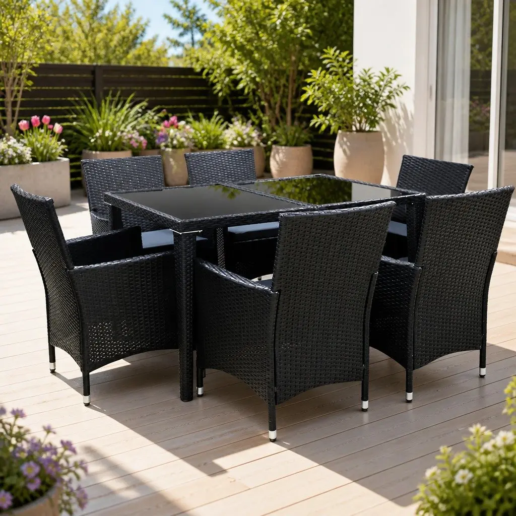 Outdoor Dining Set 7 Piece Wicker Lounge Chair Table Black Garden Furniture