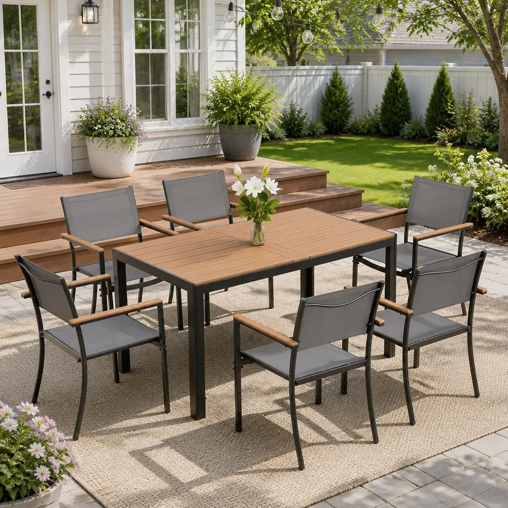 7PCS Outdoor Dining Set Table and Chairs Patio Garden Furniture Bistro Black