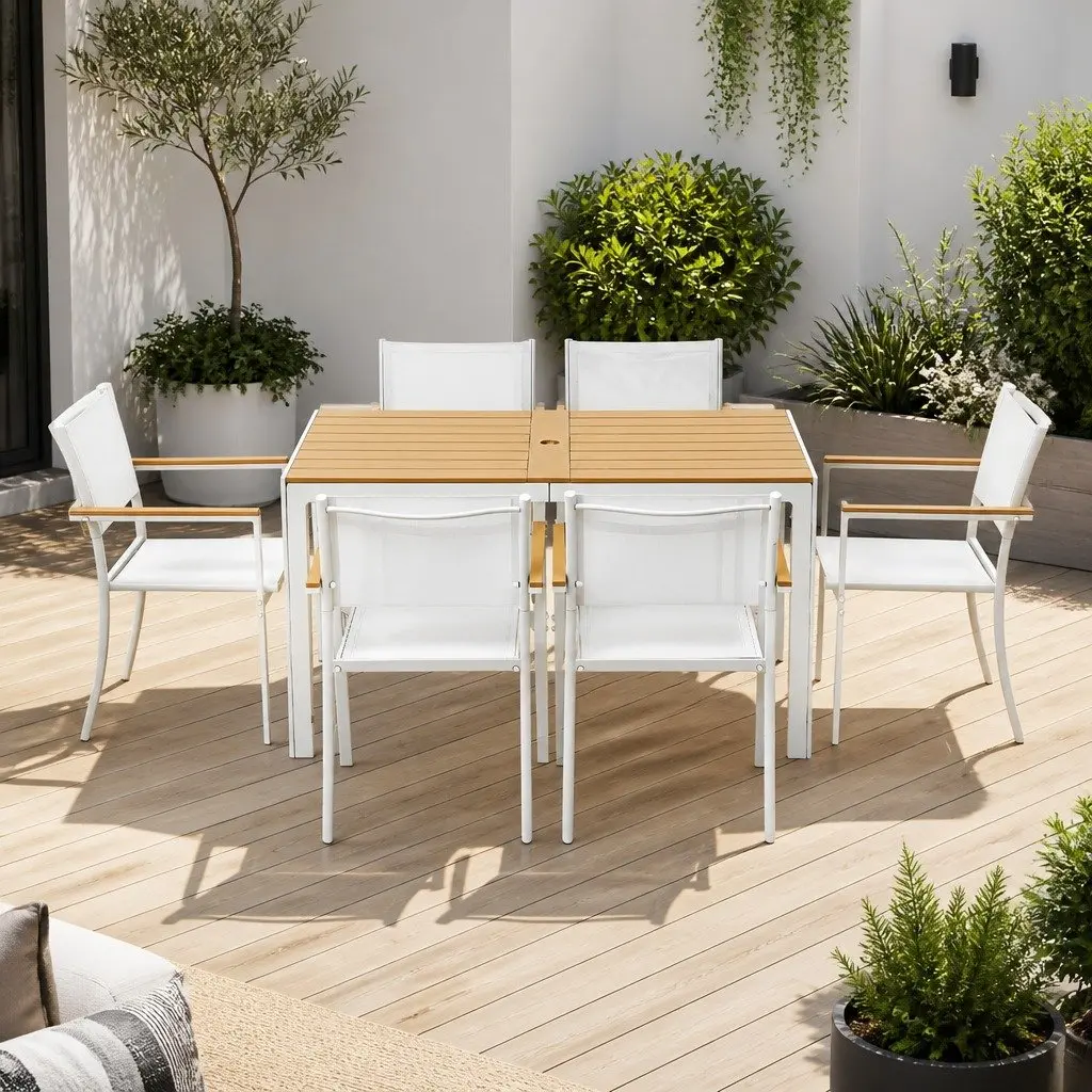 7PCS Outdoor Dining Set Table and 6 Chairs Patio Garden Bistro Furniture White