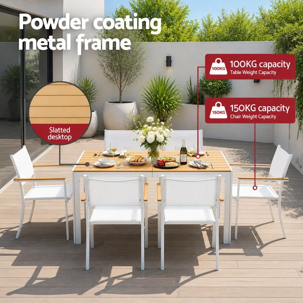 7PCS Outdoor Dining Set Table and 6 Chairs Patio Garden Bistro Furniture White