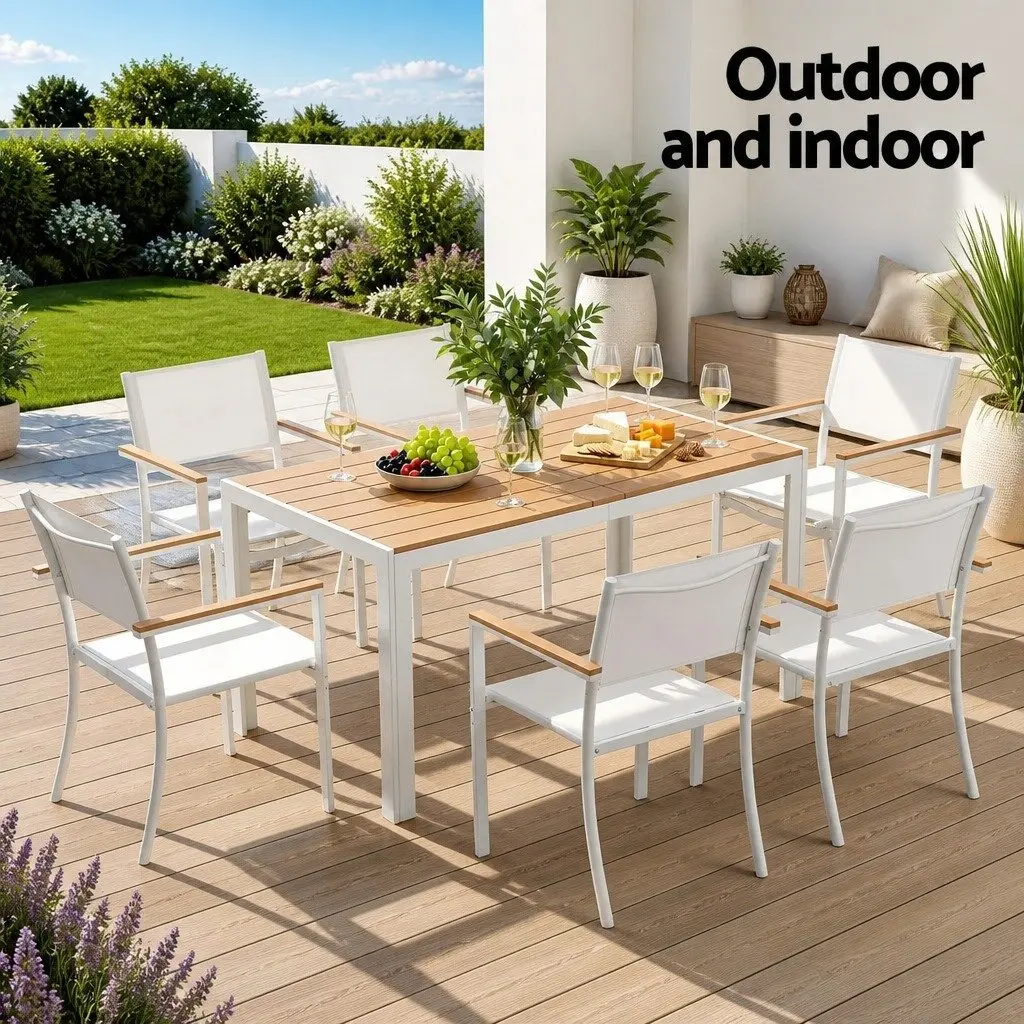 7PCS Outdoor Dining Set Table and 6 Chairs Patio Garden Bistro Furniture White