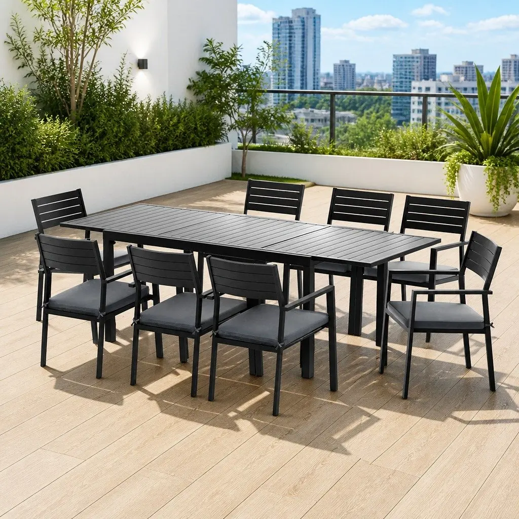 Outdoor Dining Set 9 Piece Extendable Aluminium Table and Chairs Black and Grey