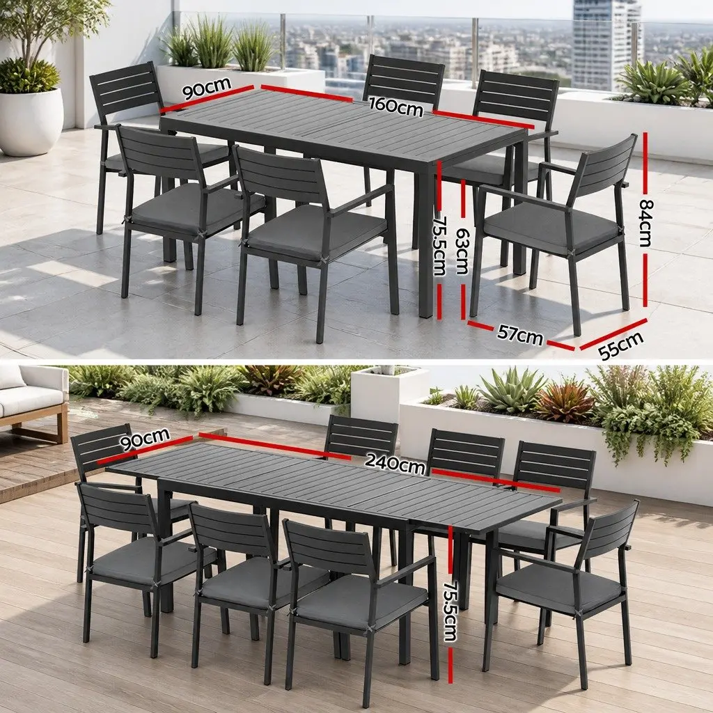 Outdoor Dining Set 9 Piece Extendable Aluminium Table and Chairs Black and Grey