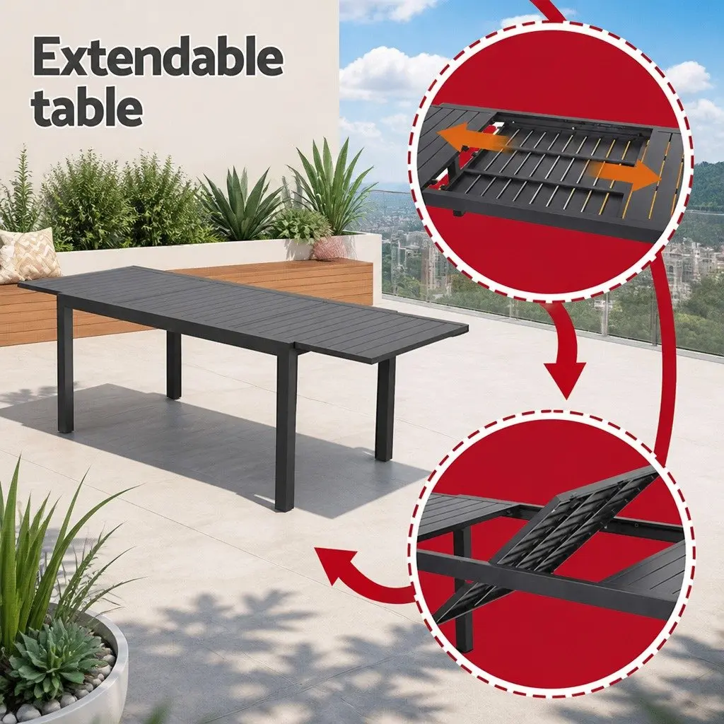 Outdoor Dining Set 9 Piece Extendable Aluminium Table and Chairs Black and Grey