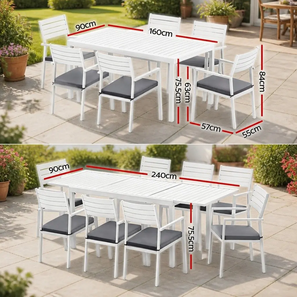 Outdoor Dining Set Extendable Table 9 Piece Aluminium Frame White Grey Cushions
