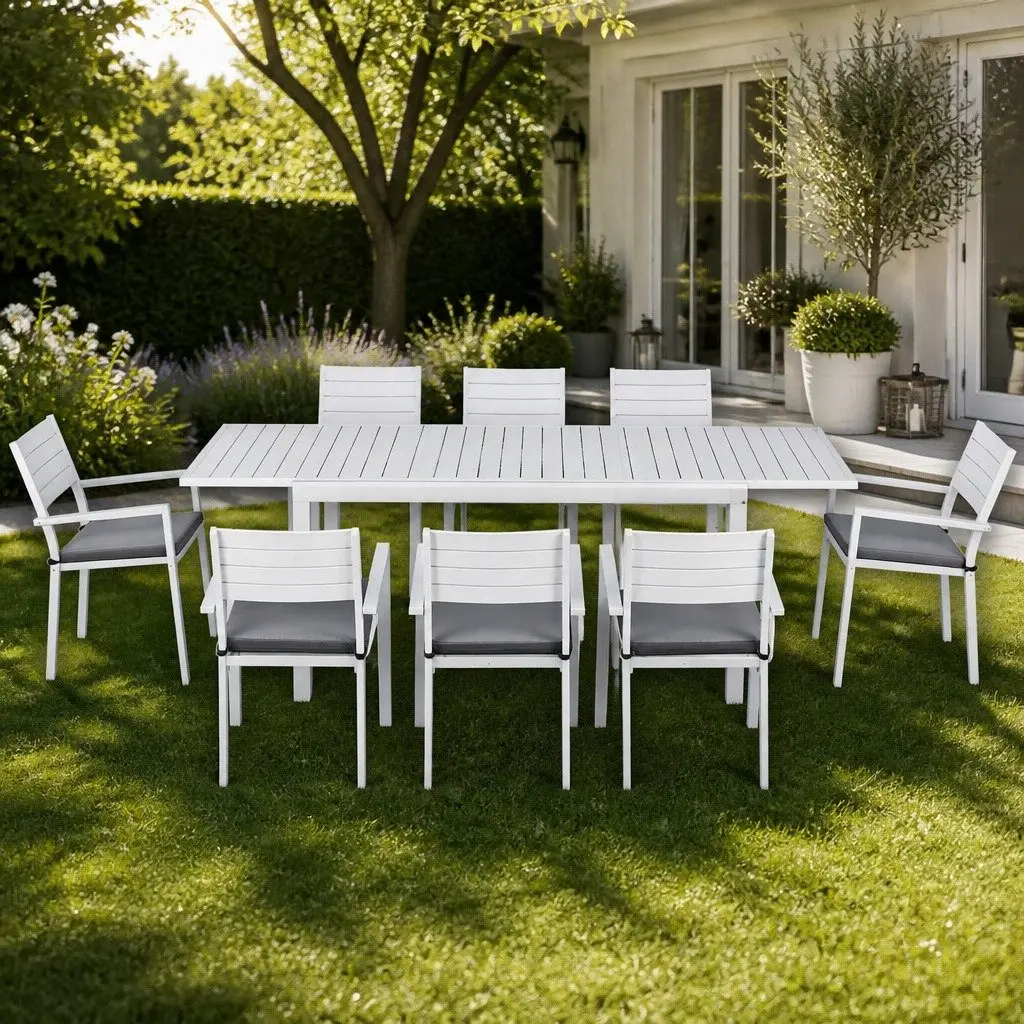 Outdoor Dining Set Extendable Table 9 Piece Aluminium Frame White Grey Cushions