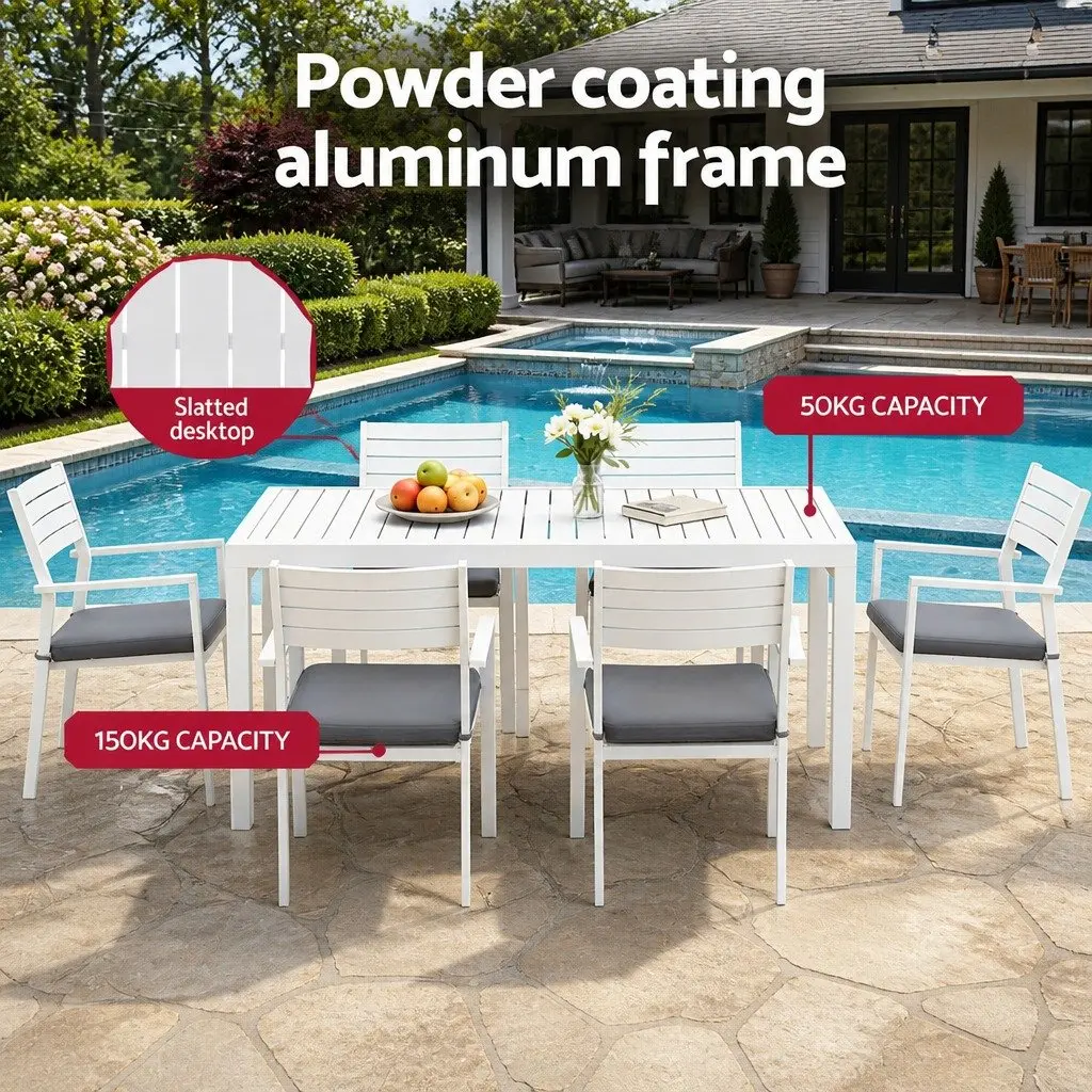 Outdoor Dining Set Extendable Table 9 Piece Aluminium Frame White Grey Cushions