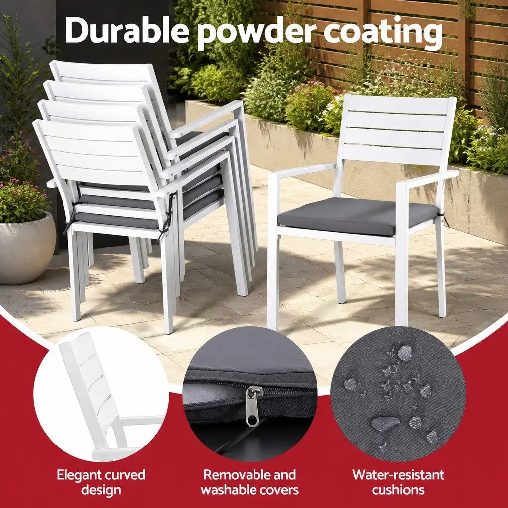 Outdoor Dining Set Extendable Table 9 Piece Aluminium Frame White Grey Cushions