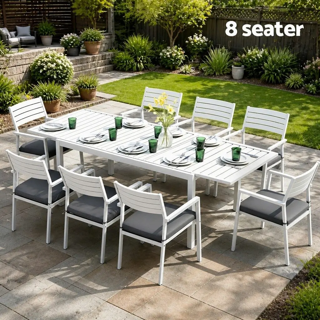 Outdoor Dining Set Extendable Table 9 Piece Aluminium Frame White Grey Cushions