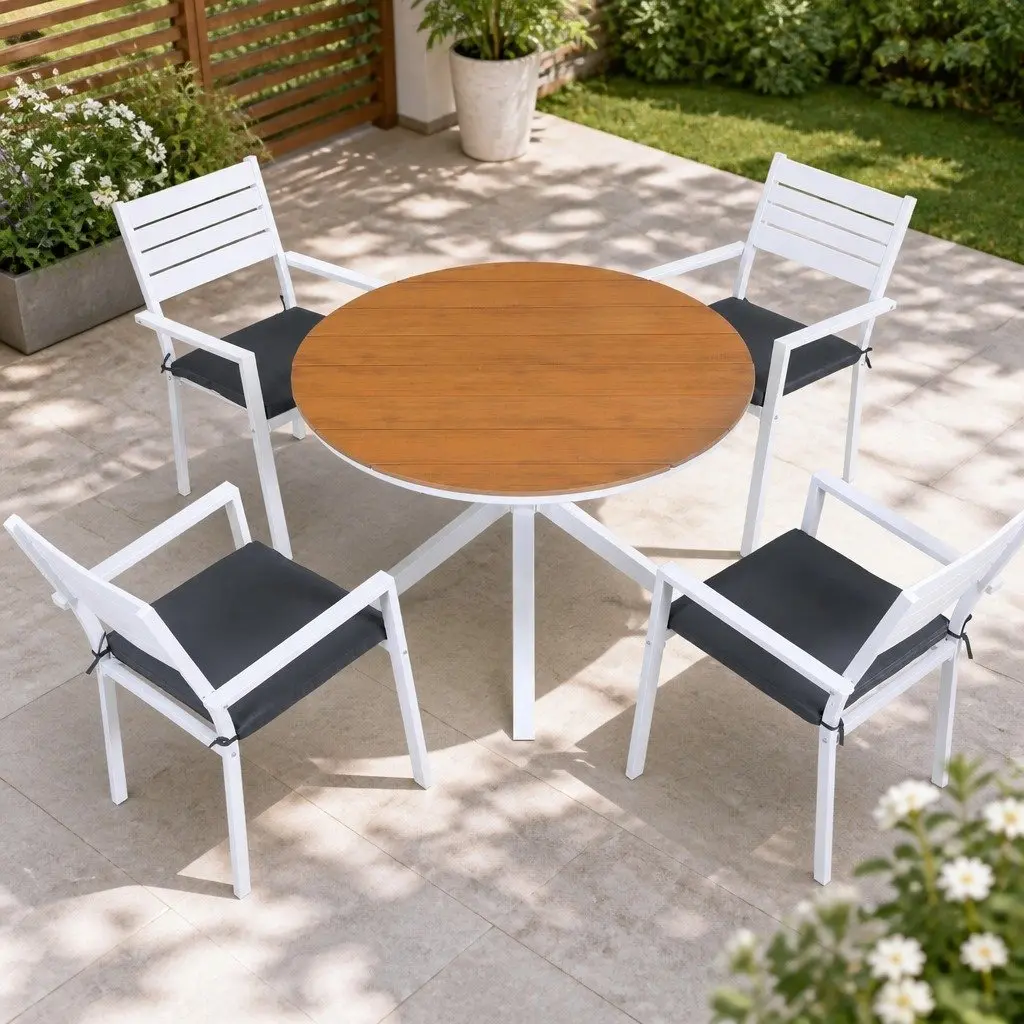 Outdoor Dining Set 5 Piece Round Table Stackable Chairs Patio Furniture White