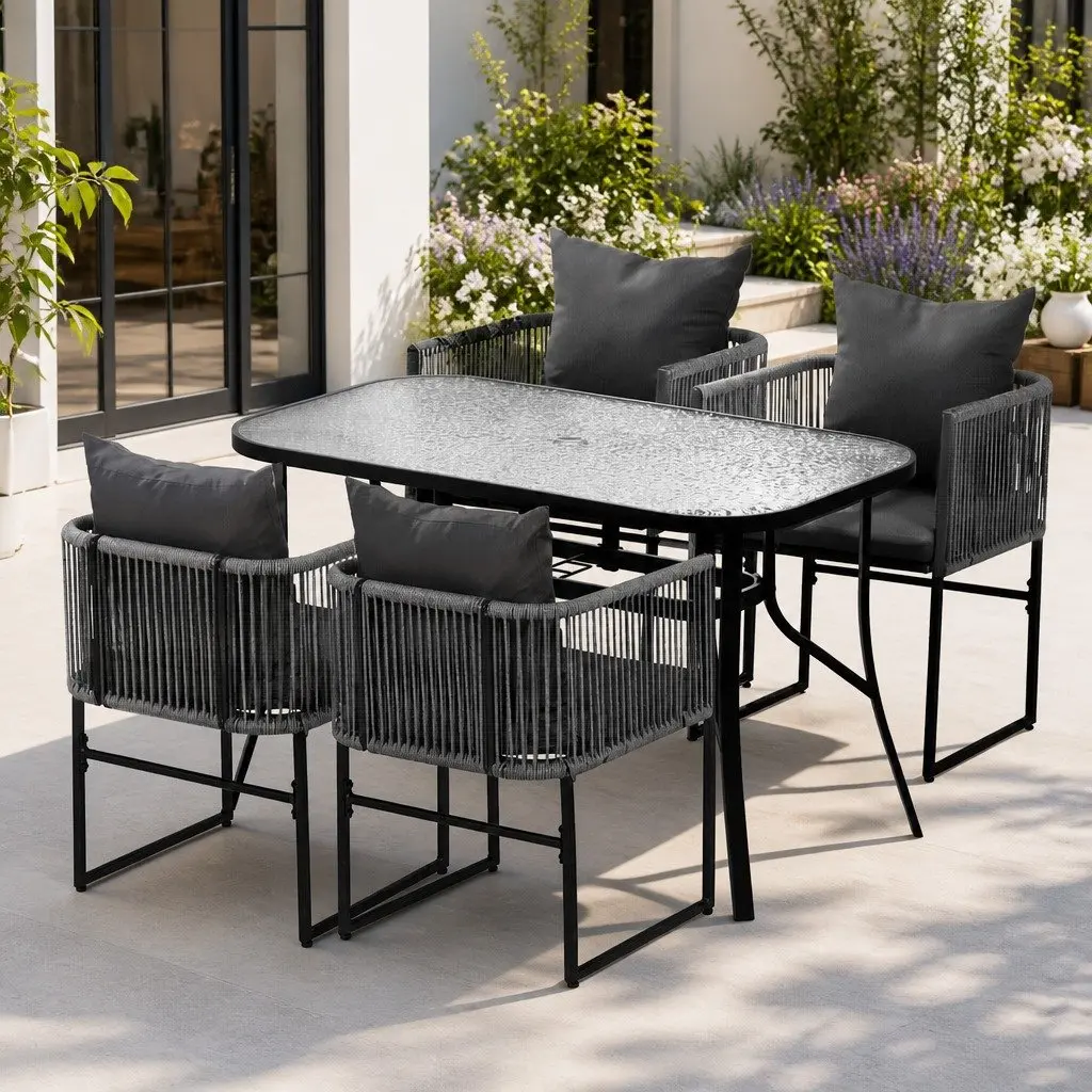 5 Piece Outdoor Dining Set Black Rope Chairs Glass Table Patio Furniture
